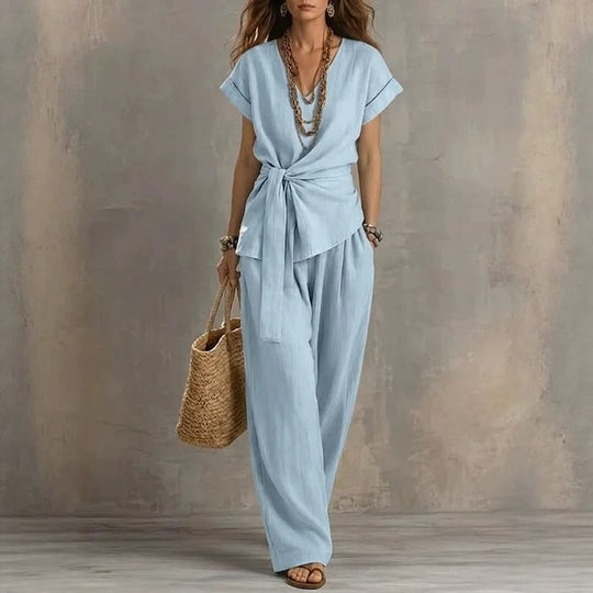 Damen Lässiges Oversize-Hosenanzug mit Wickel-Oberteil R&B