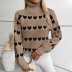 Damen Strickpullover mit Herzmuster und hohem Kragen