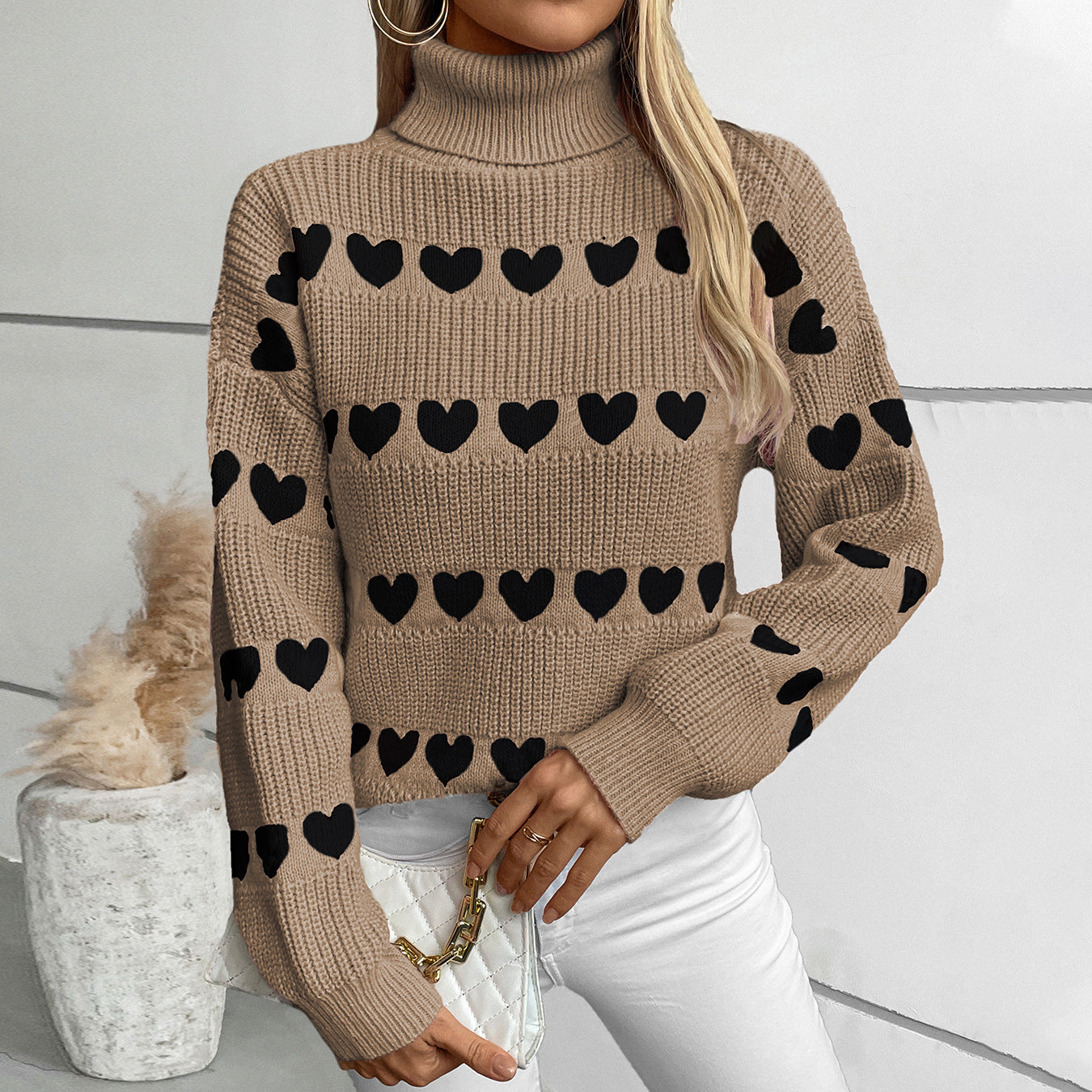 Damen Strickpullover mit Herzmuster und hohem Kragen