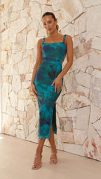 Damen Figurbetontes Midi-Kleid mit seitlichem Schlitz und Schulterträgern R&B