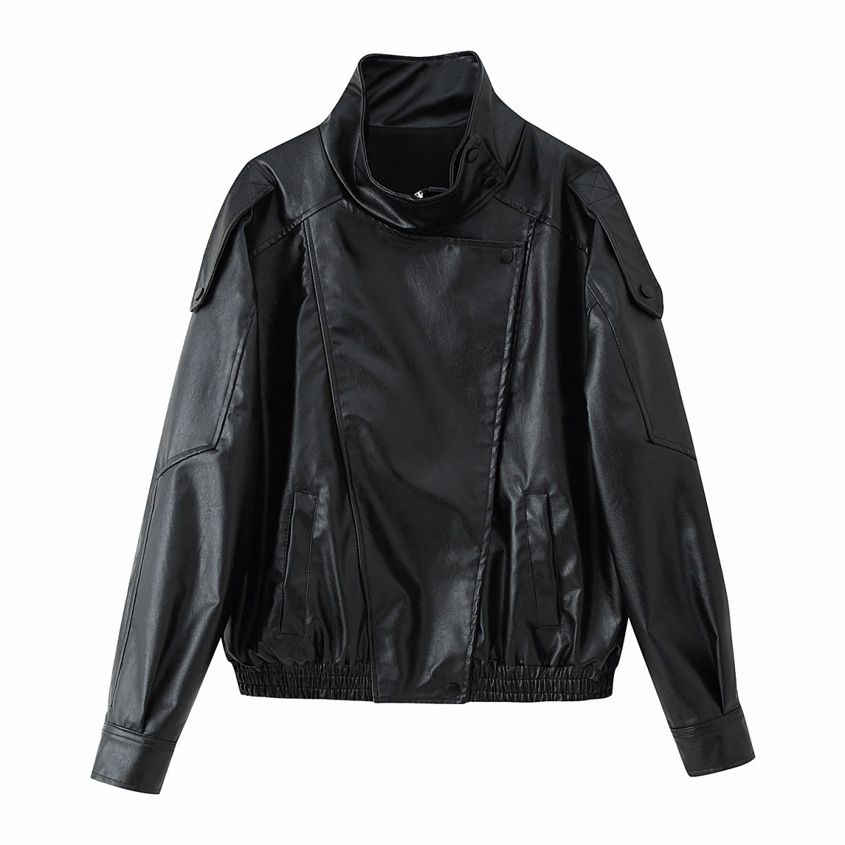 Unisex nan weite Bikerstil Kunstlederjacke mit Stehkragen und elastischem Saum R&B