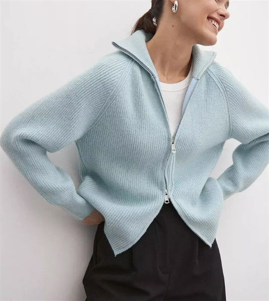 Damen Strickjacke mit hohem Kragen und Reißverschluss R&B