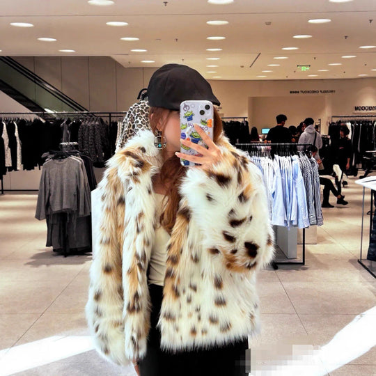 Damen Flauschige Leopardenmuster Kunstpelzjacke R&B