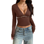 Damen elegantes Langarm-Top mit tiefem V-Ausschnitt und dekorativen Nieten R&B