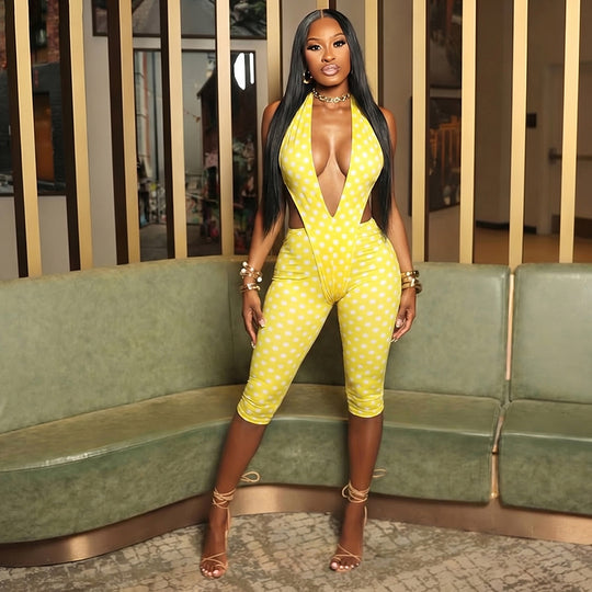 Damen figurbetonter Jumpsuit mit tiefem V-Ausschnitt und Bindegürtel R&B