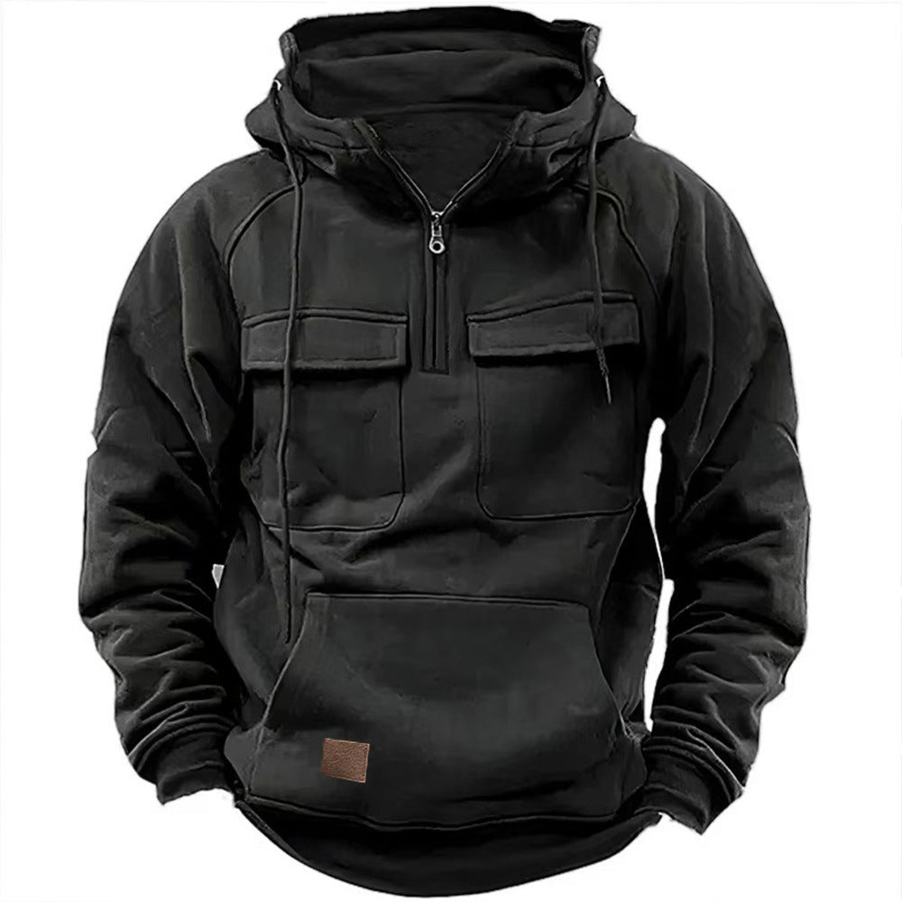 Herren Utility Hoodie mit aufgesetzten Taschen und halbem Reißverschluss