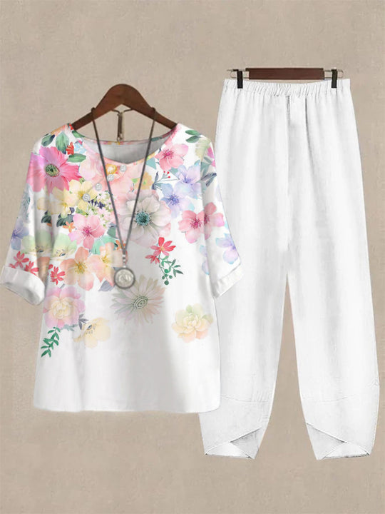 Damen Freizeit Oberteil mit floralem Muster und bequemer Hose R&B