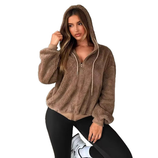 Damen Teddy-Fleecejacke mit Kapuze und elastischen Bündchen R&B