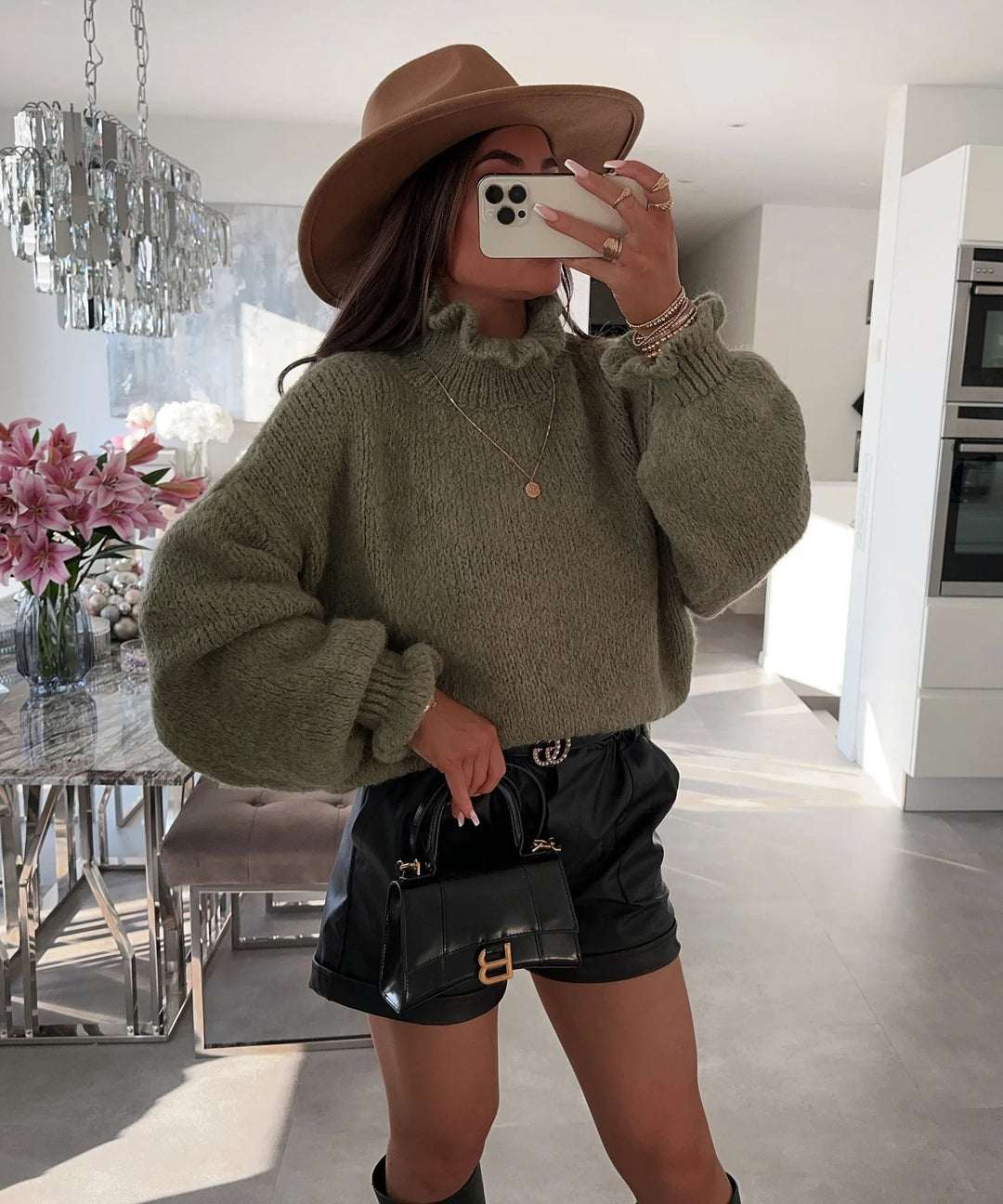 Damen kuscheliger Rollkragenpullover mit weiten Ärmeln und strukturellem Design R&B