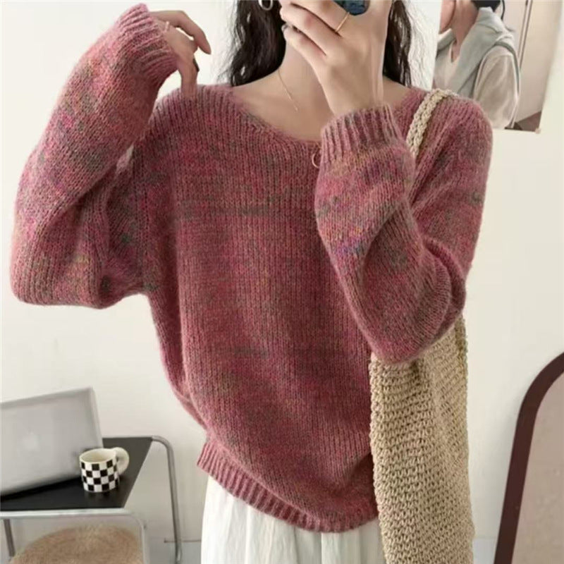 Damen leichter Strickpullover mit V-Ausschnitt und voluminösen Ärmeln R&B