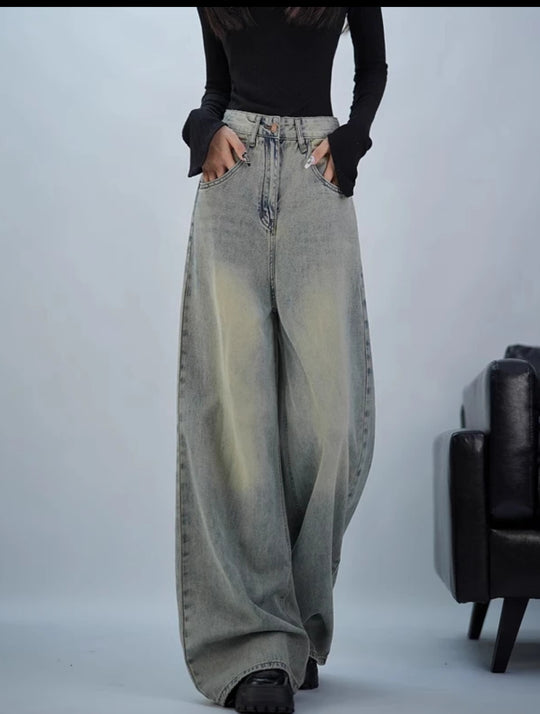 Damen trendige Baggy-Jeans mit hohem Bund und weiten Beinen R&B