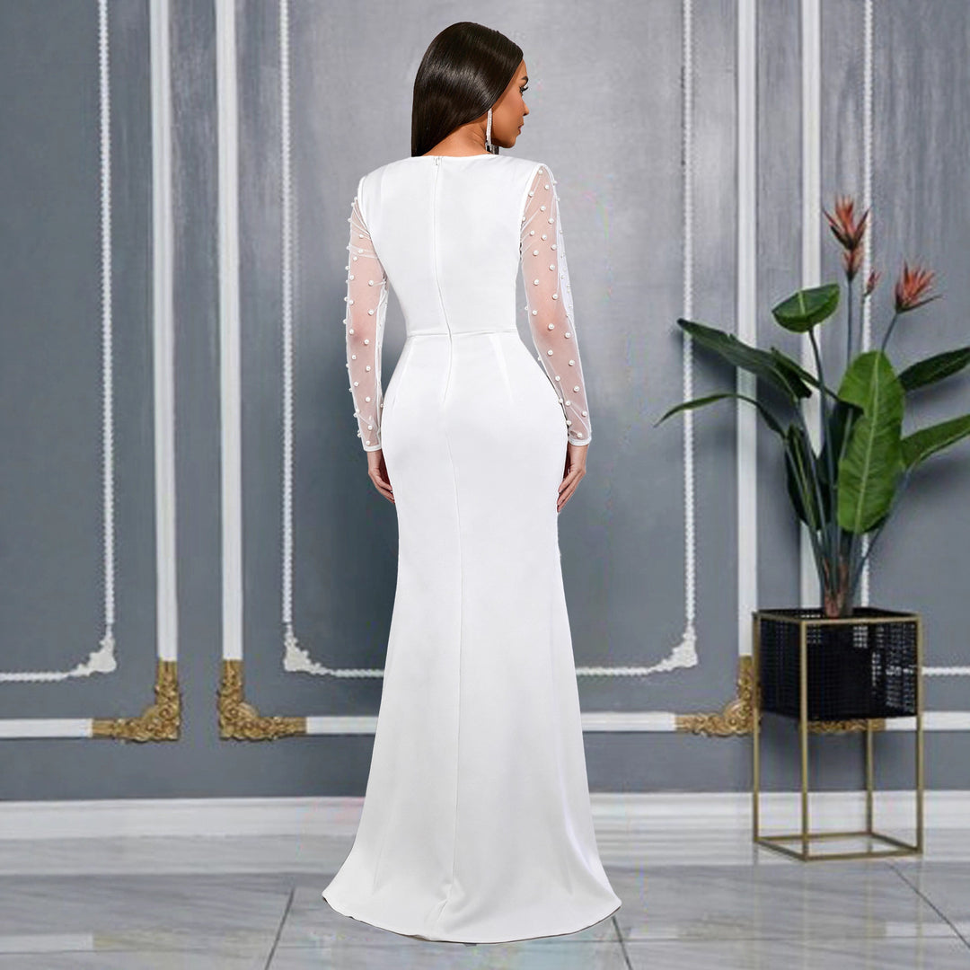 Damen Glamouröses Abendkleid mit taillierter Silhouette und transparenten Puffärmeln R&B