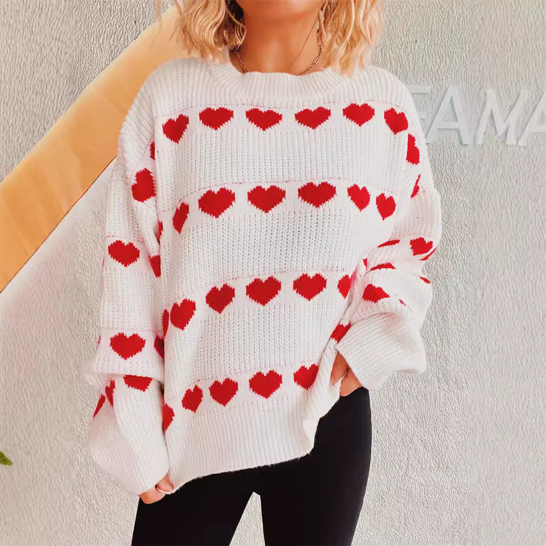 Damen gemütlicher Herzmuster-Strickpullover mit weiten Ärmeln R&B