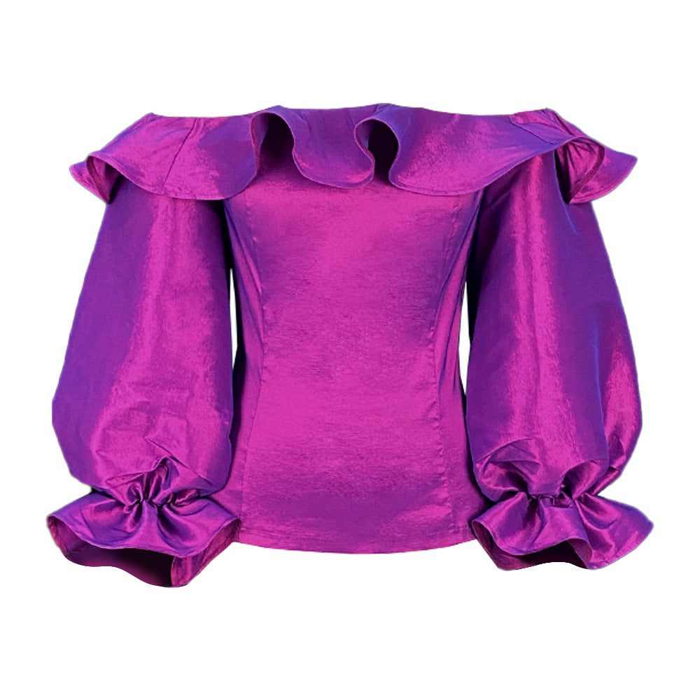 Damen Rüschenbluse mit voluminösen Puffärmeln und schimmernder Oberfläche R&B