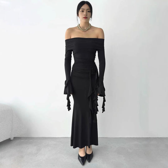 Damen Elegantes Off-Shoulder Maxikleid mit Rüschendetails und figurbetonter Silhouette R&B