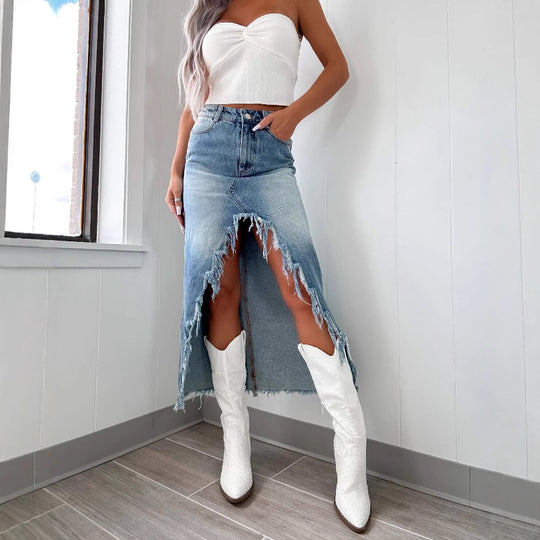 Damen Jeansrock mit asymmetrischem Schlitz und Fransensaum R&B
