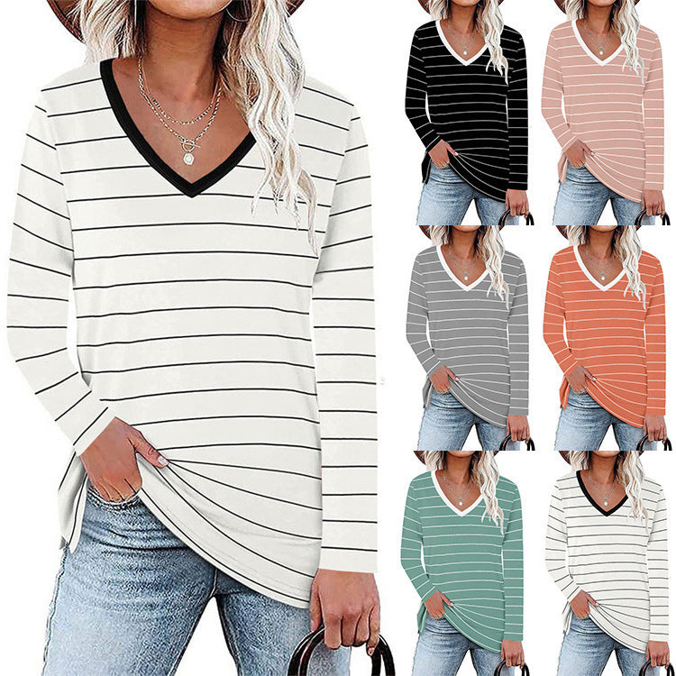 Damen V-Ausschnitt Langarmshirt mit Streifenmuster und seitlichen Schlitzen R&B
