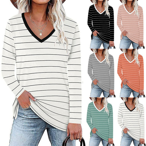 Damen V-Ausschnitt Langarmshirt mit Streifenmuster und seitlichen Schlitzen R&B