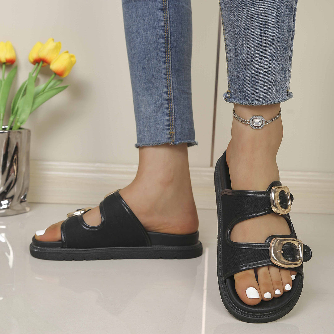 Damen modische Zehentrennersandalen mit doppeltem Riemendesign und glänzenden Schnallen R&B