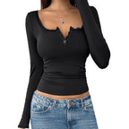 Damen Langarmshirt mit Spitzenakzenten und Knopfleiste R&B