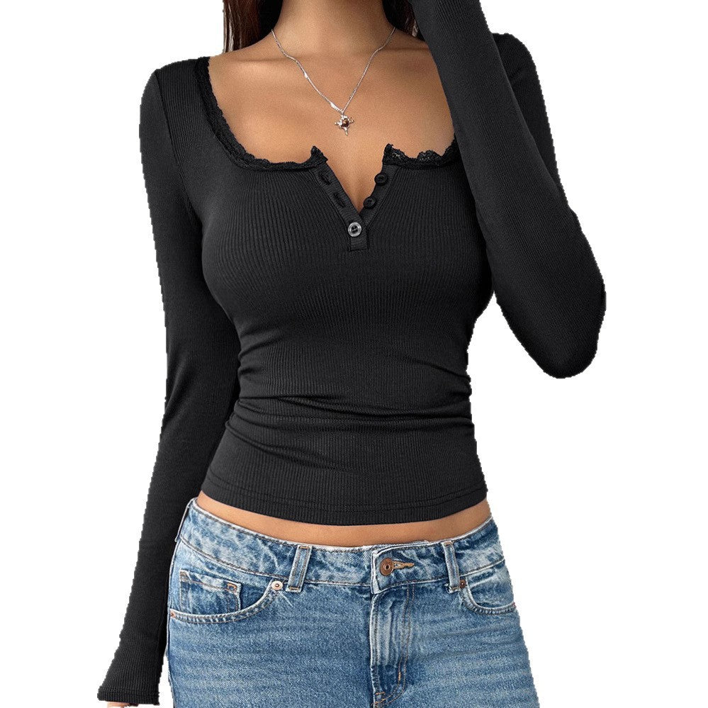 Damen Langarmshirt mit Spitzenakzenten und Knopfleiste R&B