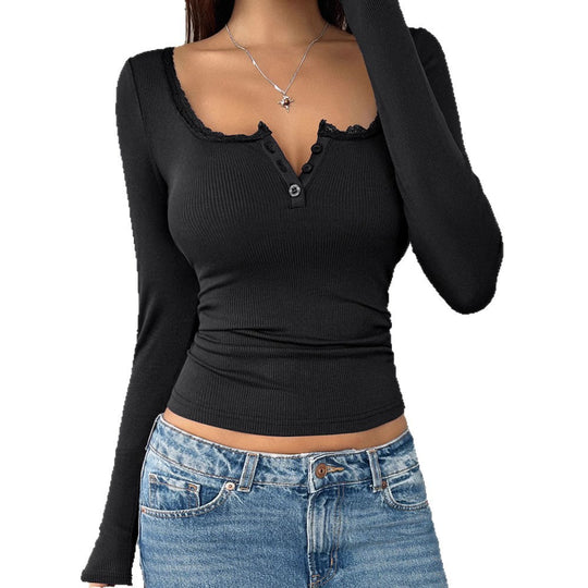 Damen Langarmshirt mit Spitzenakzenten und Knopfleiste R&B