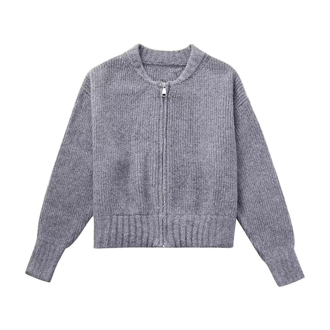 Damen modische Strickjacke mit hohem Kragen und Reißverschluss R&B