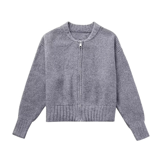 Damen modische Strickjacke mit hohem Kragen und Reißverschluss R&B