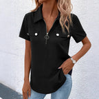 Damen Kurzarm-Bluse mit modischem Reißverschluss und dekorativen Taschen