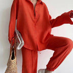 Damen lässiges Leinen Ensemble mit elegantem Hemd und weiter Hose