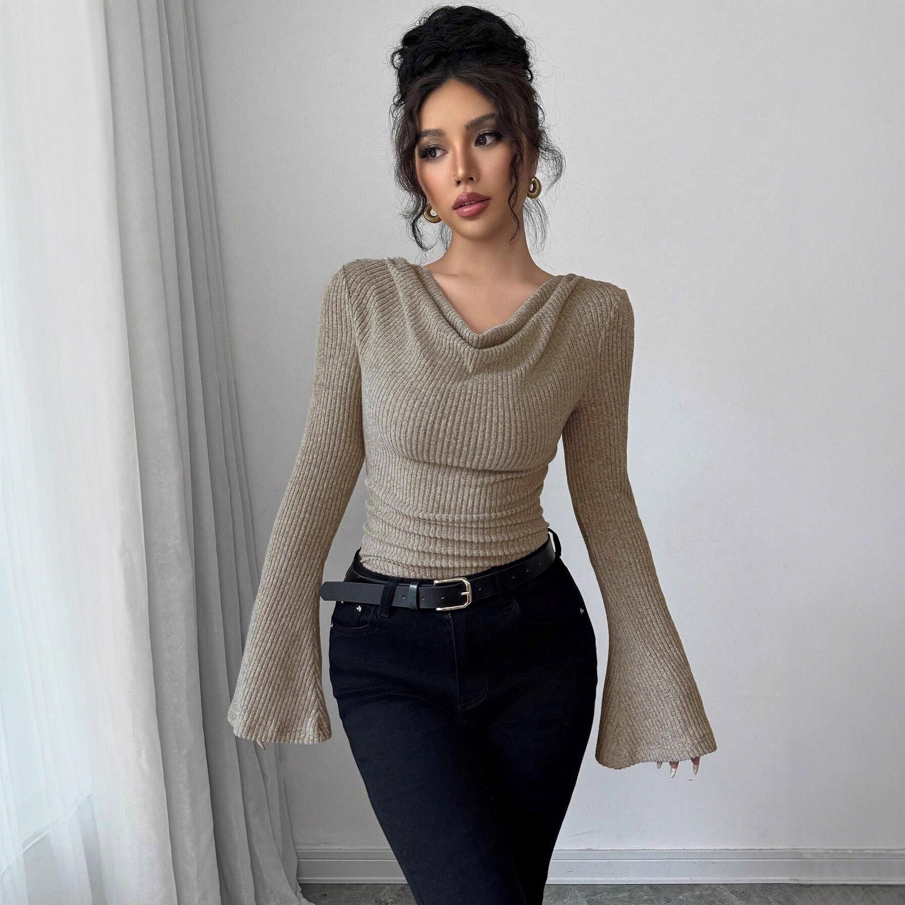 Damen elegantes Ripp-Oberteil mit asymmetrischem Saum und schulterfreiem Design R&B