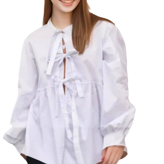 Damen Bluse mit Volantärmeln und Schleifenband R&B