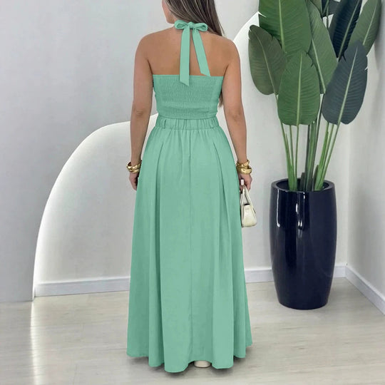 Damen elegantes Crop-Top und Maxirock-Set mit Knopfleiste und Schlitz R&B