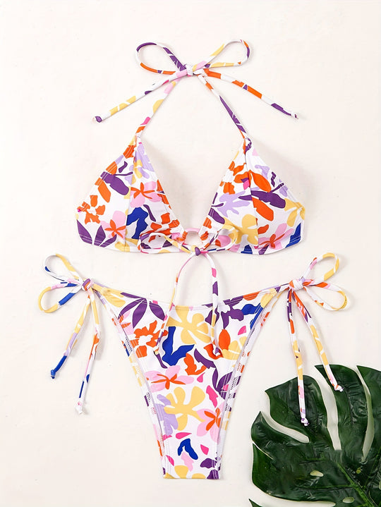 Damen Triangel-Bikini mit verstellbaren Schnüren und fröhlichem Blumenmuster R&B
