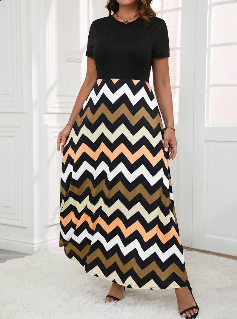 Damen Maxikleid mit auffälligem Zickzackmuster und elegantem Schnitt R&B