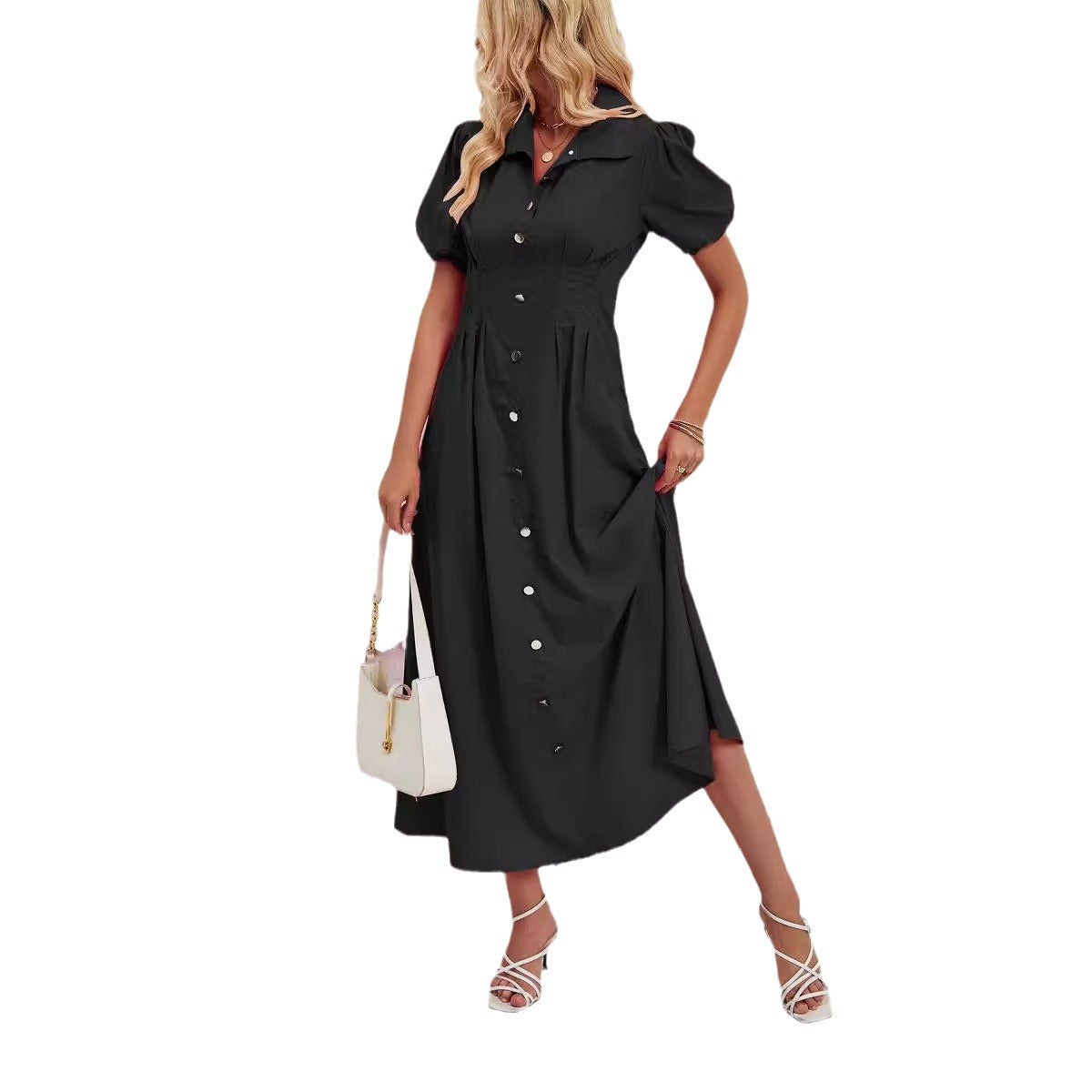 Damen Maxikleid mit schickem Hemdkragen und volumetrischen Puffärmel R&B
