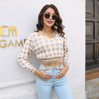 Damen Cropped Pullover mit klassischem Hahnentrittmuster und Polo-Kragen R&B