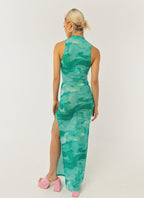 Damen elegantes Maxikleid mit hohem Kragen und fließendem Schnitt R&B