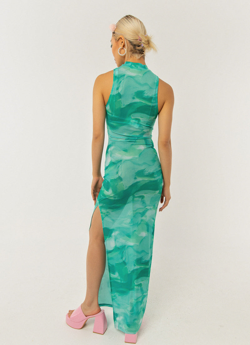 Damen elegantes Maxikleid mit hohem Kragen und fließendem Schnitt R&B