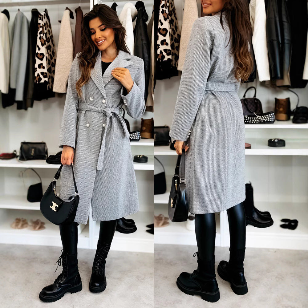 Damen eleganter Mantel mit Taillengürtel und doppelter Knopfblende R&B