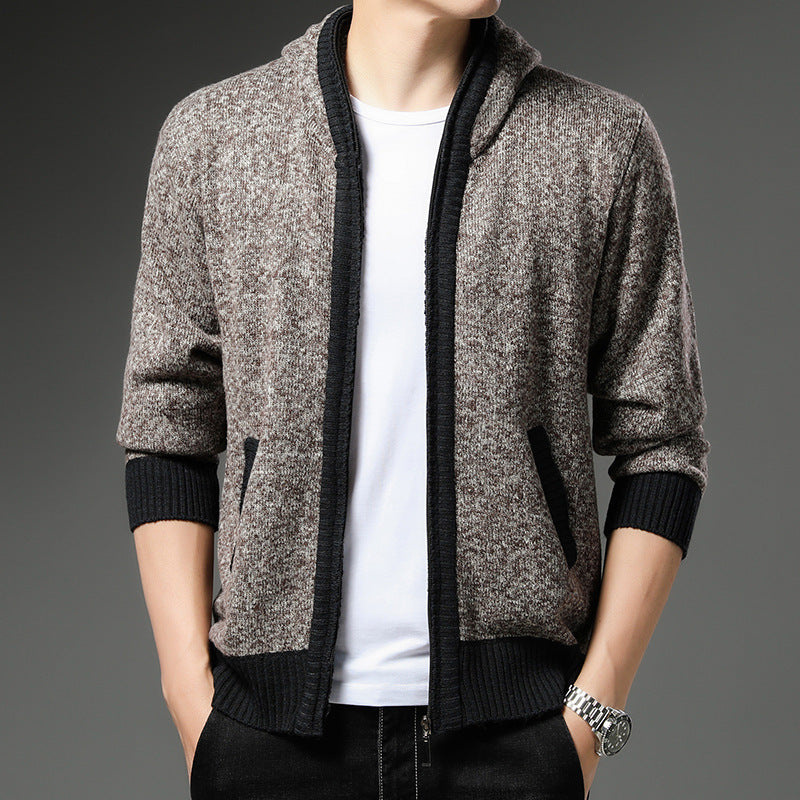 Herren Moderne Strickjacke mit Kapuze und schwarz-weißen Akzenten R&B