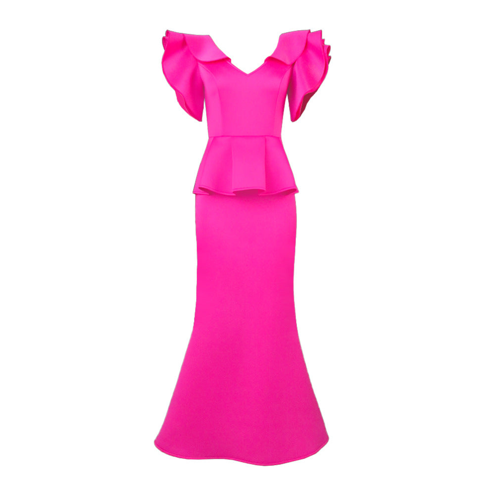 Damen elegantes Peplum-Abendkleid mit voluminösen Ärmeln R&B