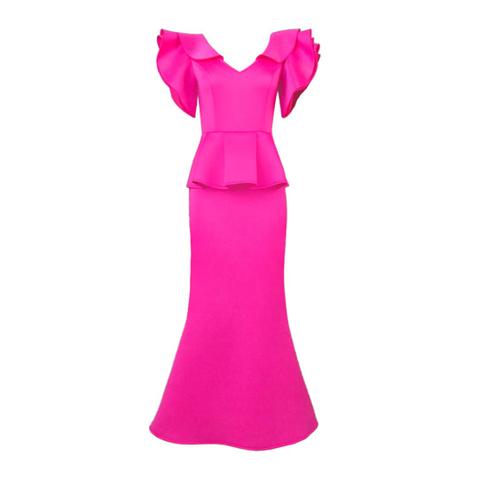 Damen elegantes Peplum-Abendkleid mit voluminösen Ärmeln R&B