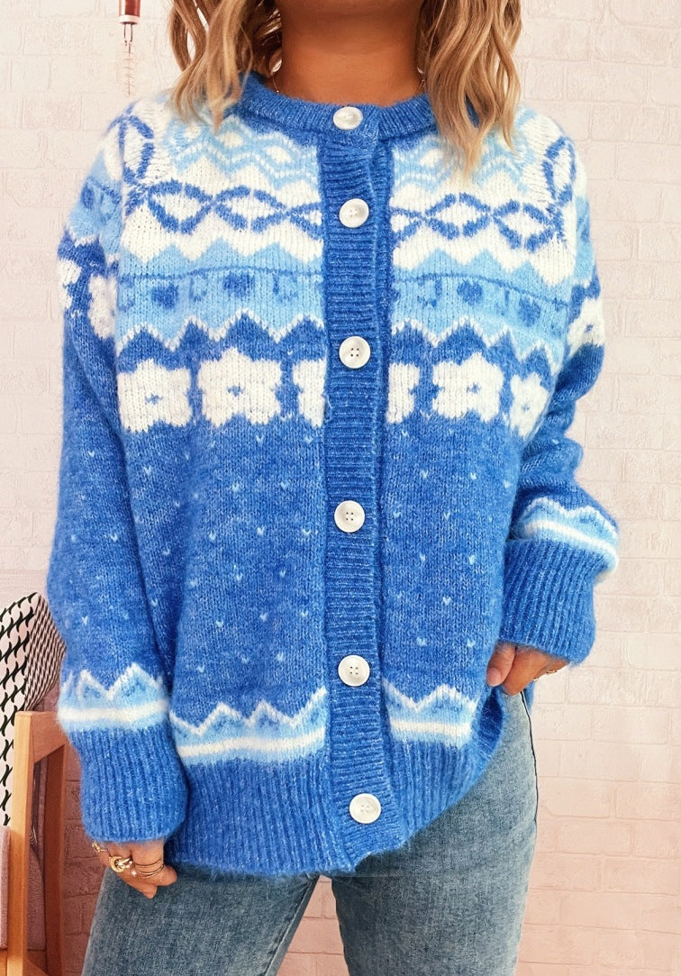 Damen gemütliche Strickjacke mit blauen Mustern und Knopfverschluss R&B
