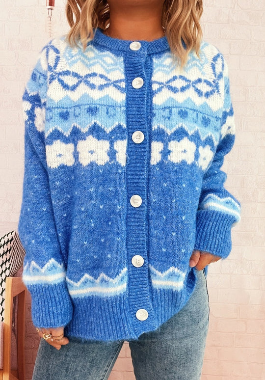 Damen gemütliche Strickjacke mit blauen Mustern und Knopfverschluss R&B