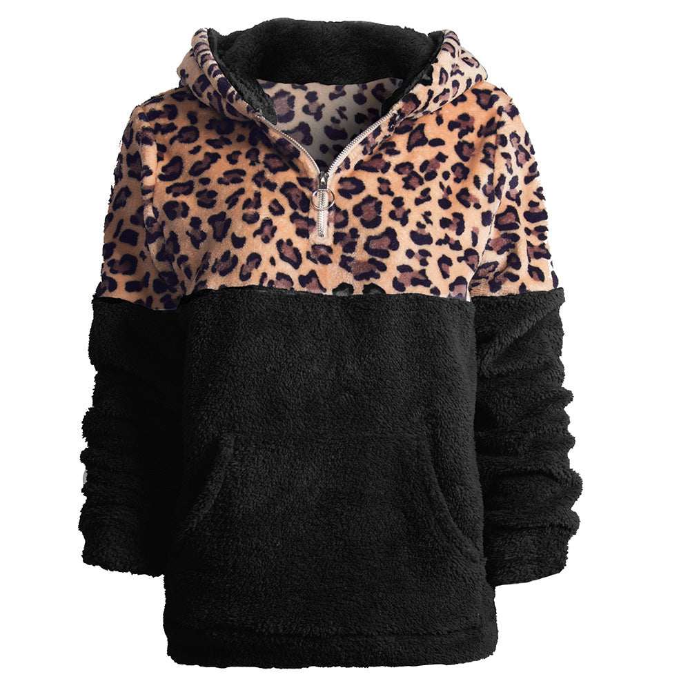 Damen kuscheliger Kapuzenpullover mit aufregendem Leopardenmuster und Kängurutasche R&B