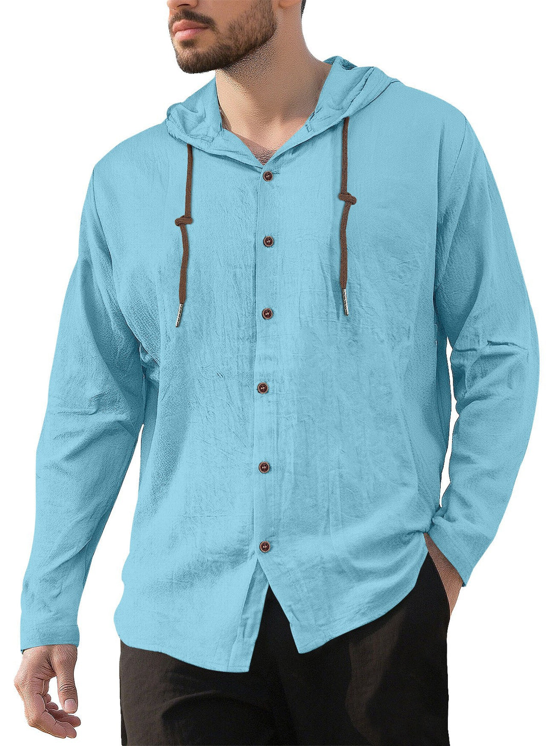 Herren nan Kapuzenhemd im Leinen-Look mit durchgehender Knopfleiste und Kordelzug R&B