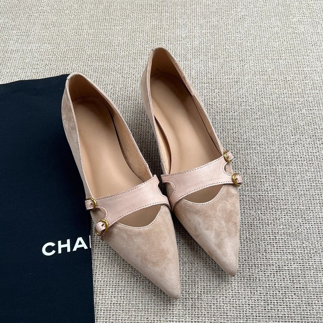 Damen elegante spitze Ballerina-Schuhe mit dekorativen Riemen und Schnallen R&B