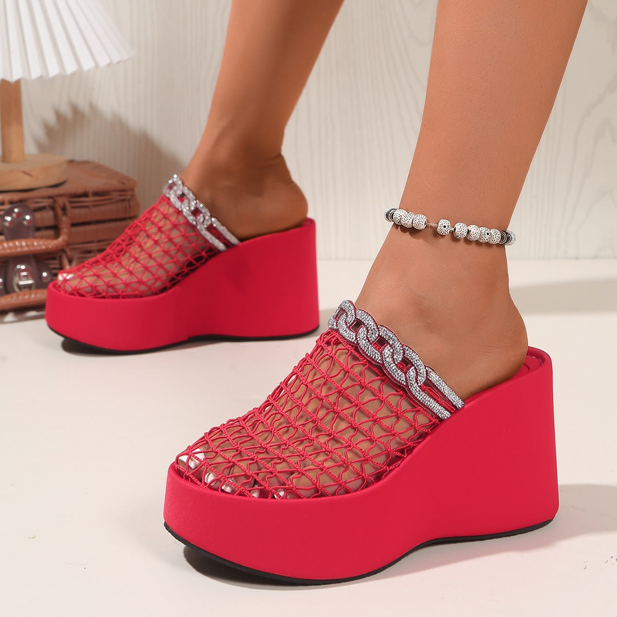 Damen Modische Plateau-Mules mit dekorativem Kettenbesatz R&B
