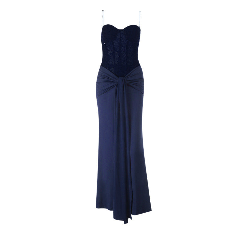 Damen schickes Maxikleid mit elegantem Bustier-Oberteil und gerafftem Rock R&B